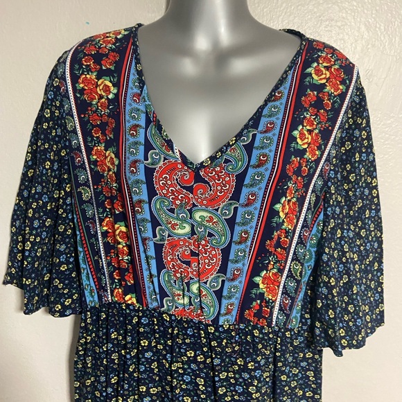 Blue Floral Pleated Maxi  with Flutter Sleeves - Picture 2 of 8